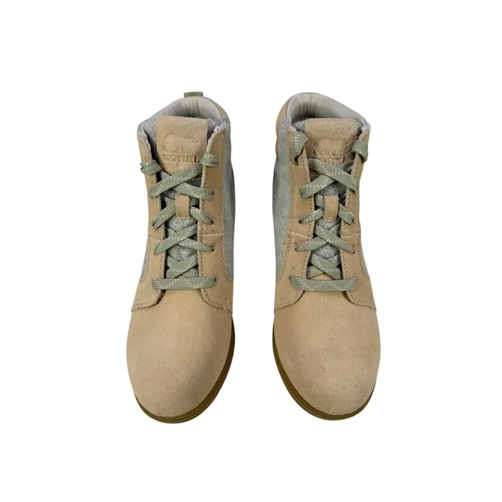 Sorel Evie Ankle Lace Boots Wedge Womens 8 WP Suede Wedge‎ Ceramic Natural